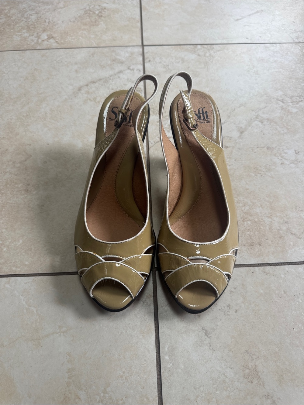 Sofft Olive Patent Peep-Toe Slingback Heels